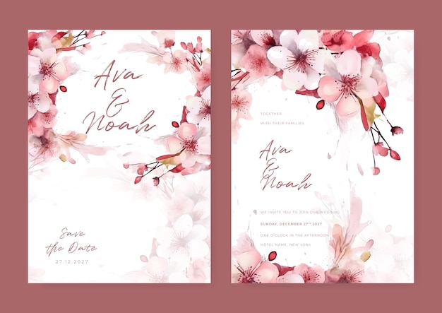 wedding invitation card set with beautiful pink flowers design