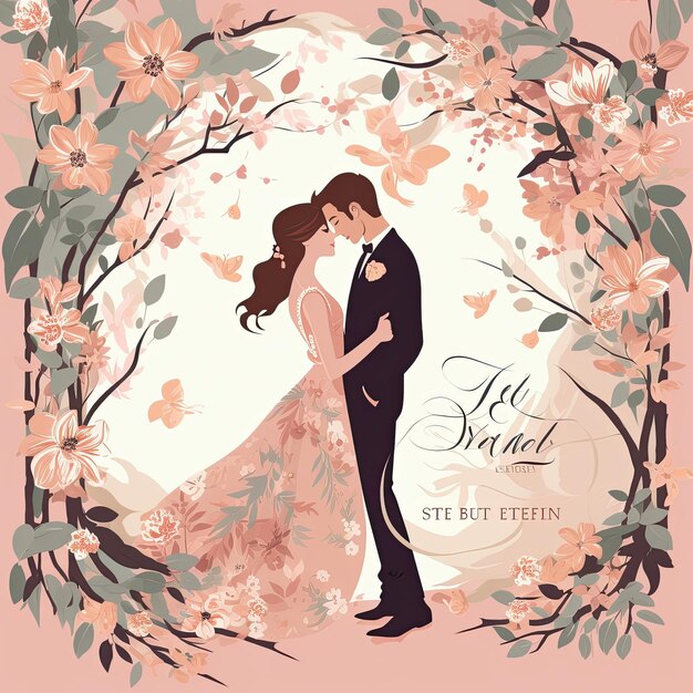 Wedding invitation card with bride and groom vector illustration