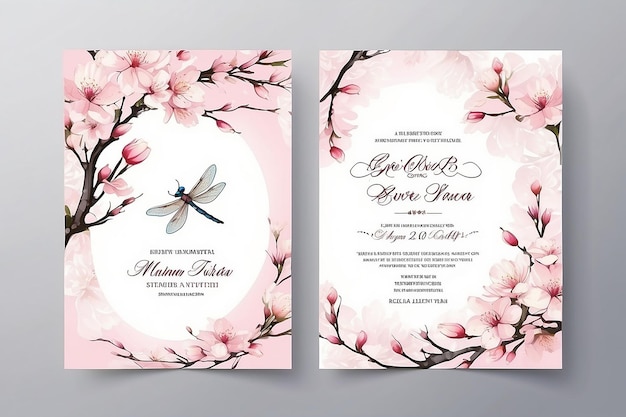 Photo wedding invitation card with cherry blossom and dragonfly