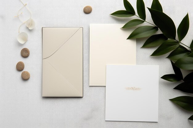 Wedding Invitation Cards Papers and envelopes Laying on Table Decorate With Leaves AI Generated