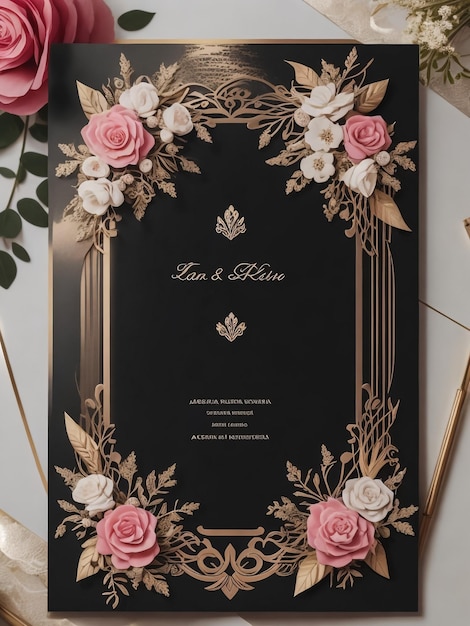 Photo wedding invitation design with floral and leaves