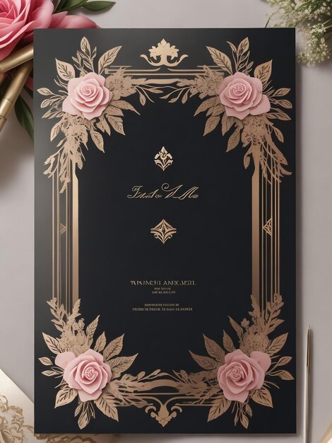 Photo wedding invitation design with floral and leaves