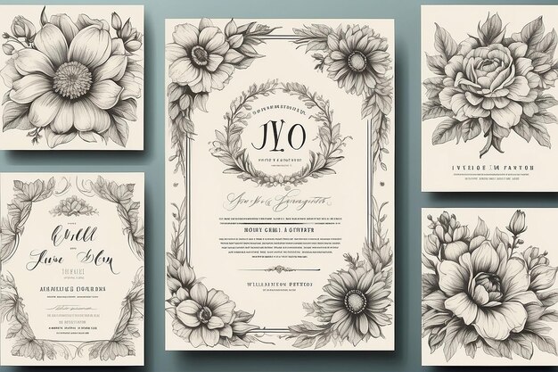 Wedding Invitation Flowers Poster Typography vintage Set of vector illustrations Engraving pencil style Cover art tshirt print banner