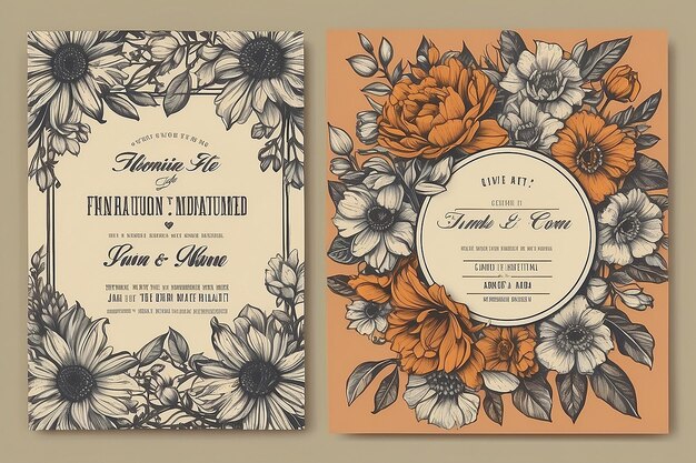 Wedding Invitation Flowers Poster Typography vintage Set of vector illustrations Engraving pencil style Cover art tshirt print banner