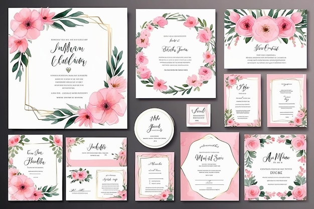 Photo wedding invitation frame set floral watercolor digital hand drawn pink flower design invitation card