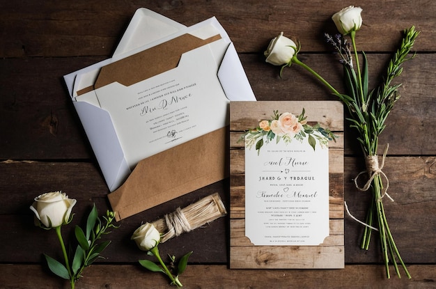 a wedding invitation is displayed on a wooden board with flowers