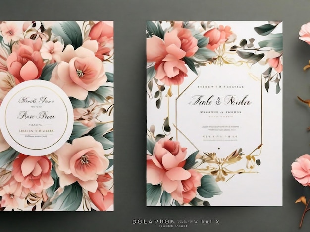 Photo wedding invitation luxury floral card template set with roses anemones and leaves bridal bouquet rsvp save the date menu card design geometric golden frame greeting card elegant vector design