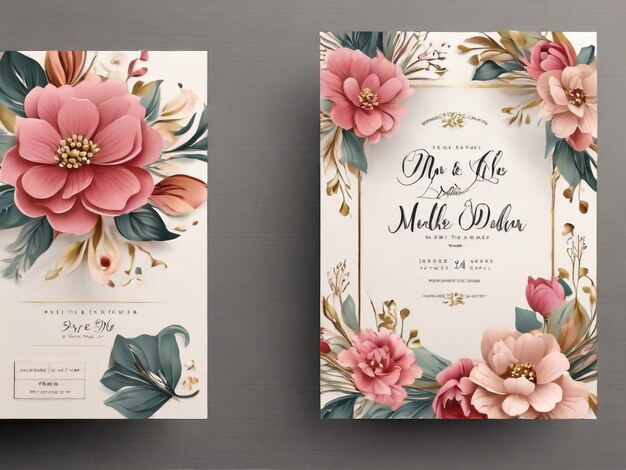 Wedding Invitation luxury floral card template set with roses anemones and leaves bridal bouquet RSVP Save the Date Menu card design Geometric golden frame Greeting card elegant vector design