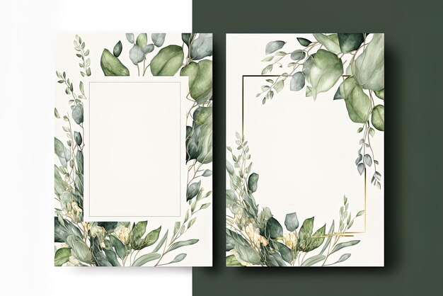 Photo wedding invitation template with eucalyptus green l