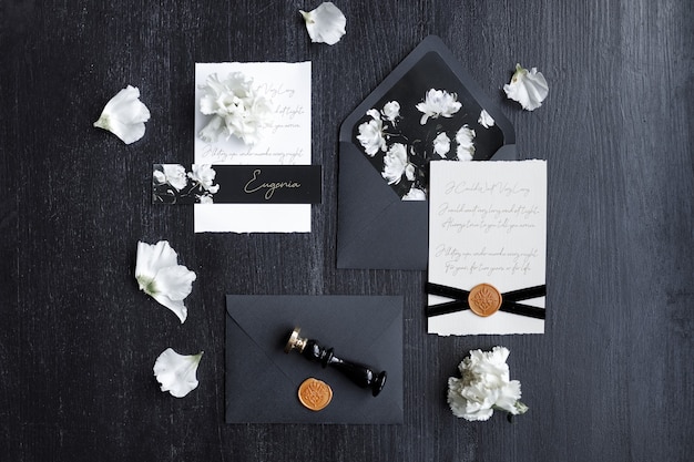 Photo wedding invitation trendy black background with flower petals a set of dark wedding printing