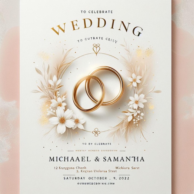 Photo a wedding invitation for a wedding ceremony with flowers and a gold ring on the top