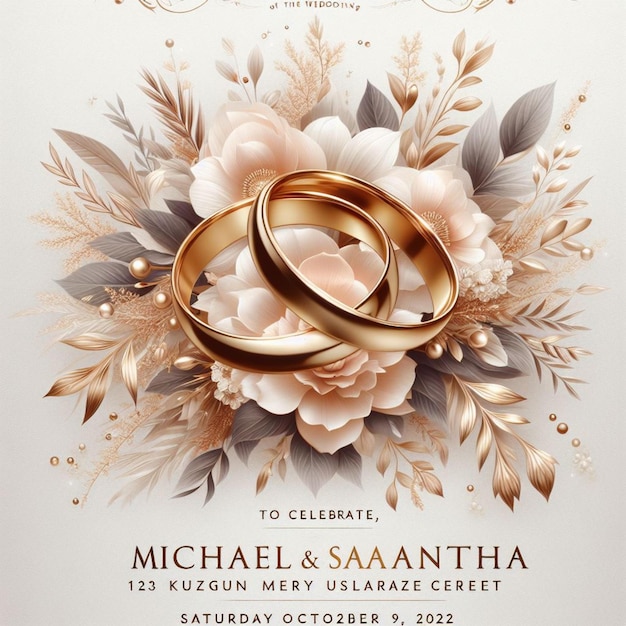 a wedding invitation for a wedding with flowers and a gold wedding band