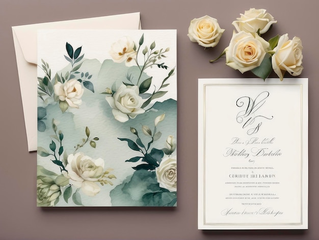 a wedding invitation with a bouquet of roses on the side of it