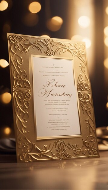 a wedding invitation with a gold frame and a gold frame.