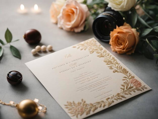 a wedding invitation with a gold leaf design and pearls and flowers on a table