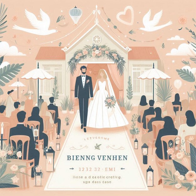 Photo a wedding invitation with a man and woman in a dress and a mountain
