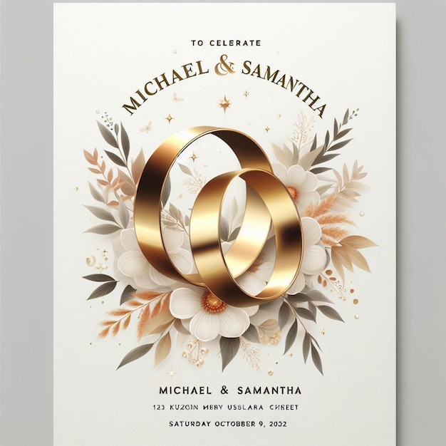 a wedding invitation with a ring and a gold ring on it