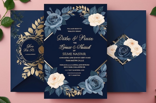 Свадебное приглашение с розой и листьями в морском синем