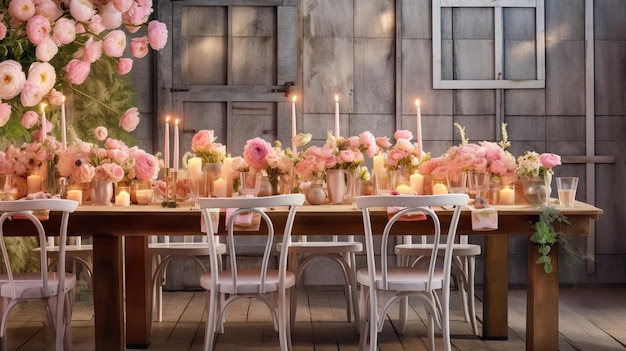 A wedding large long decorated wooden table and chairs covered with a white tablecloth with dishes