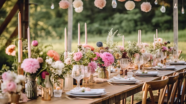 A wedding large long decorated wooden table and chairs covered with a white tablecloth with dishes