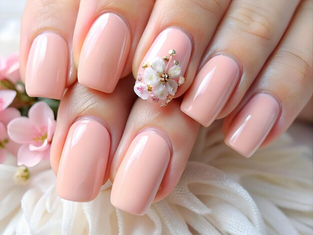 Wedding manicure Female hands with pink manicure and flowers on nails closeup