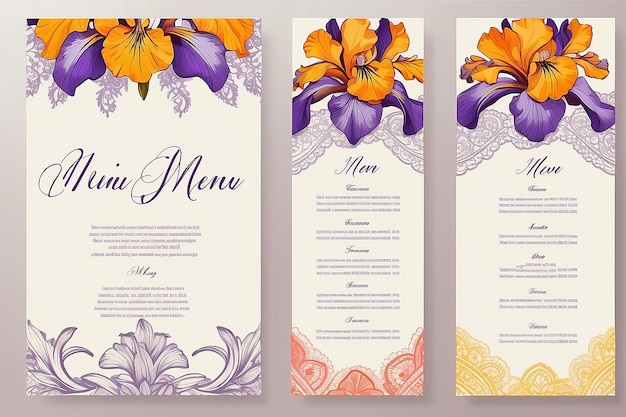 Foto cartella del menu di matrimonio con fiori di iris e sfondo vettoriale a strisce di pizzo