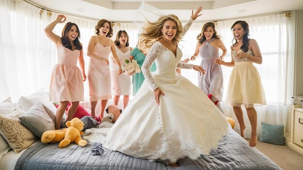 Photo wedding morning bride with bridesmaids are joyfully jumping on the bed and smiling