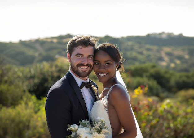 사진 백인 남성과 아프리카 여성의 결혼식 그들은 미소 짓는 동안 웨딩 드레스를 입습니다