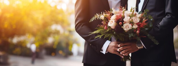 写真 結婚式の服を着て屋外で花をかせて2人の若者の結婚式