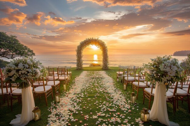 Photo wedding outdoor on beach with sunset generative ai