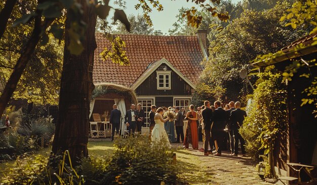 Photo a wedding party is in front of a house with a red roof