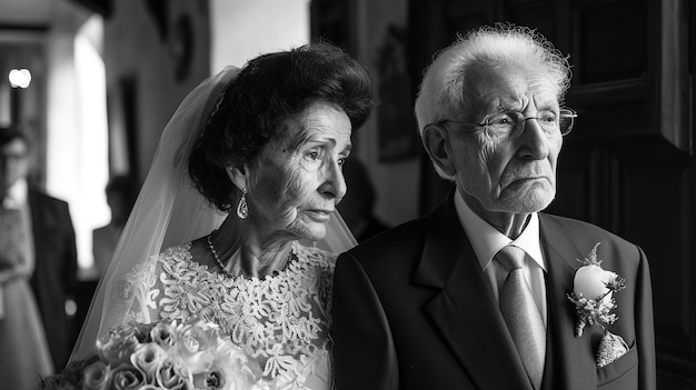 Photo wedding of pensioners senior elder marriage wedlock cute happy cheerful joyful couple woman man bride and groom old age together smiling dress suit love