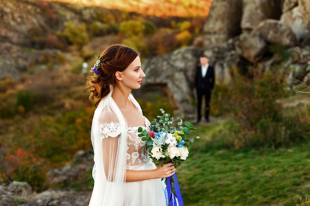 Wedding photo of a couple in the mountains