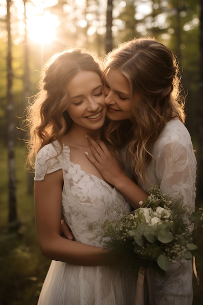 wedding photo of a female couple in love 2 beautiful smiling girls