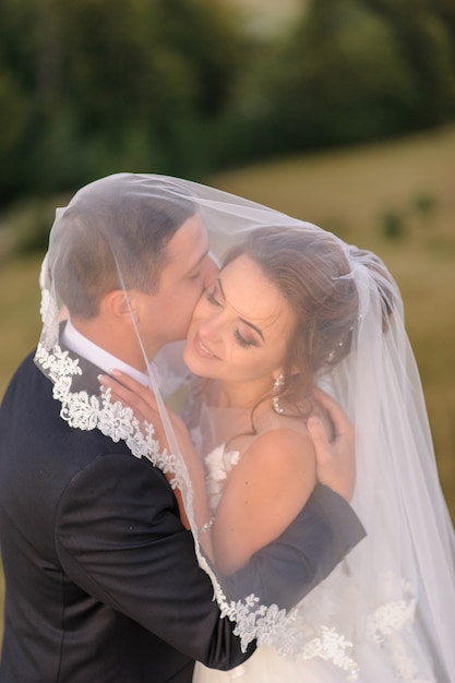 Wedding photography in the mountains. Newlyweds are hugging under a veil. Close-up.