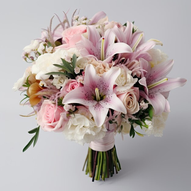 白い背景の上の結婚式のピンクの花の花束