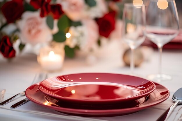 Photo wedding place setting at a table top with red plates and flowers