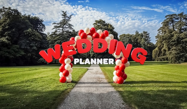 Photo wedding planer illustration with arch of balloons in a garden mix ia and 3d