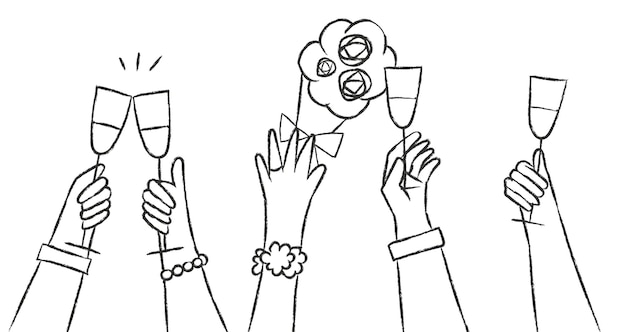 結婚式のドゥードル 飲み物を握る手