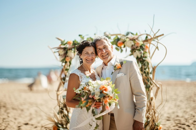 wedding portrait of cheerful mature couple on the beach