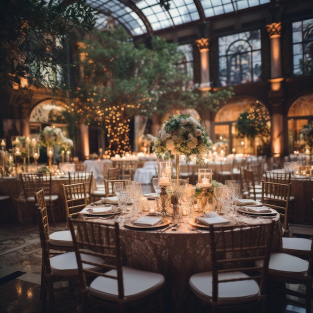 Foto ricevimento di nozze organizzato in una grande sala da ballo con decorazioni eleganti