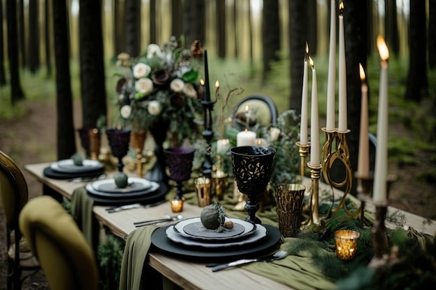 a wedding reception set up in the woods and it looks just stunning