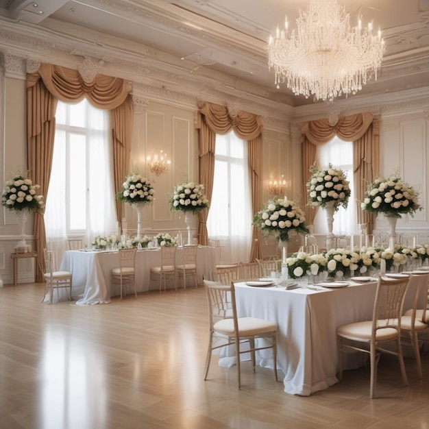 Foto un ricevimento di nozze con un lampadario e fiori sul tavolo