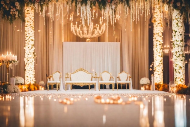 a wedding reception with a chandelier and gold chandeliers