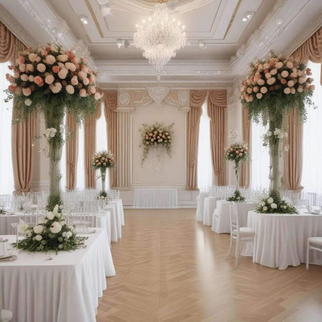 Photo a wedding reception with flowers on the tables and chairs