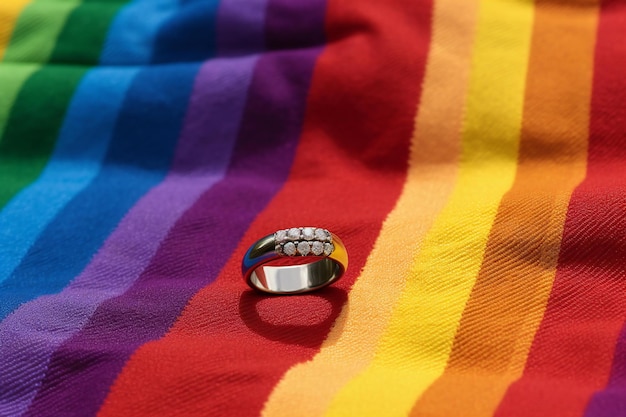 Wedding ring on the colorful striped background closeup