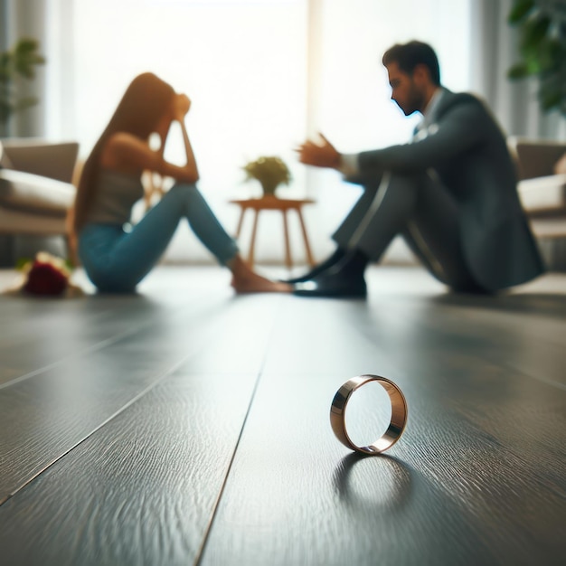 Photo wedding ring on the floor on a blurred background of a couple