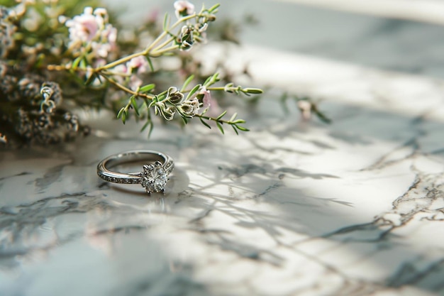 Wedding ring and flowers copy space