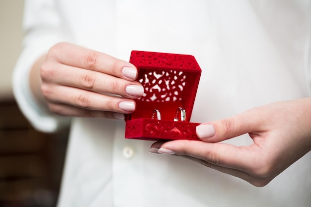 Wedding Ring in Red Velvet Silk Box