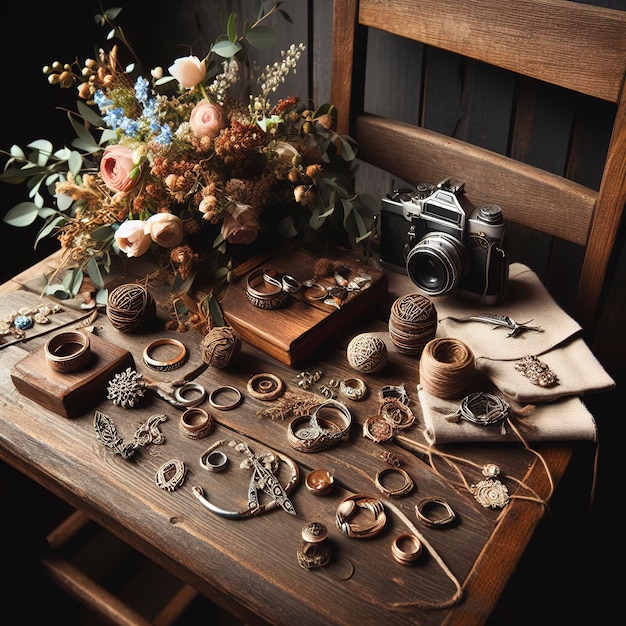 Wedding rings and accessories on chair